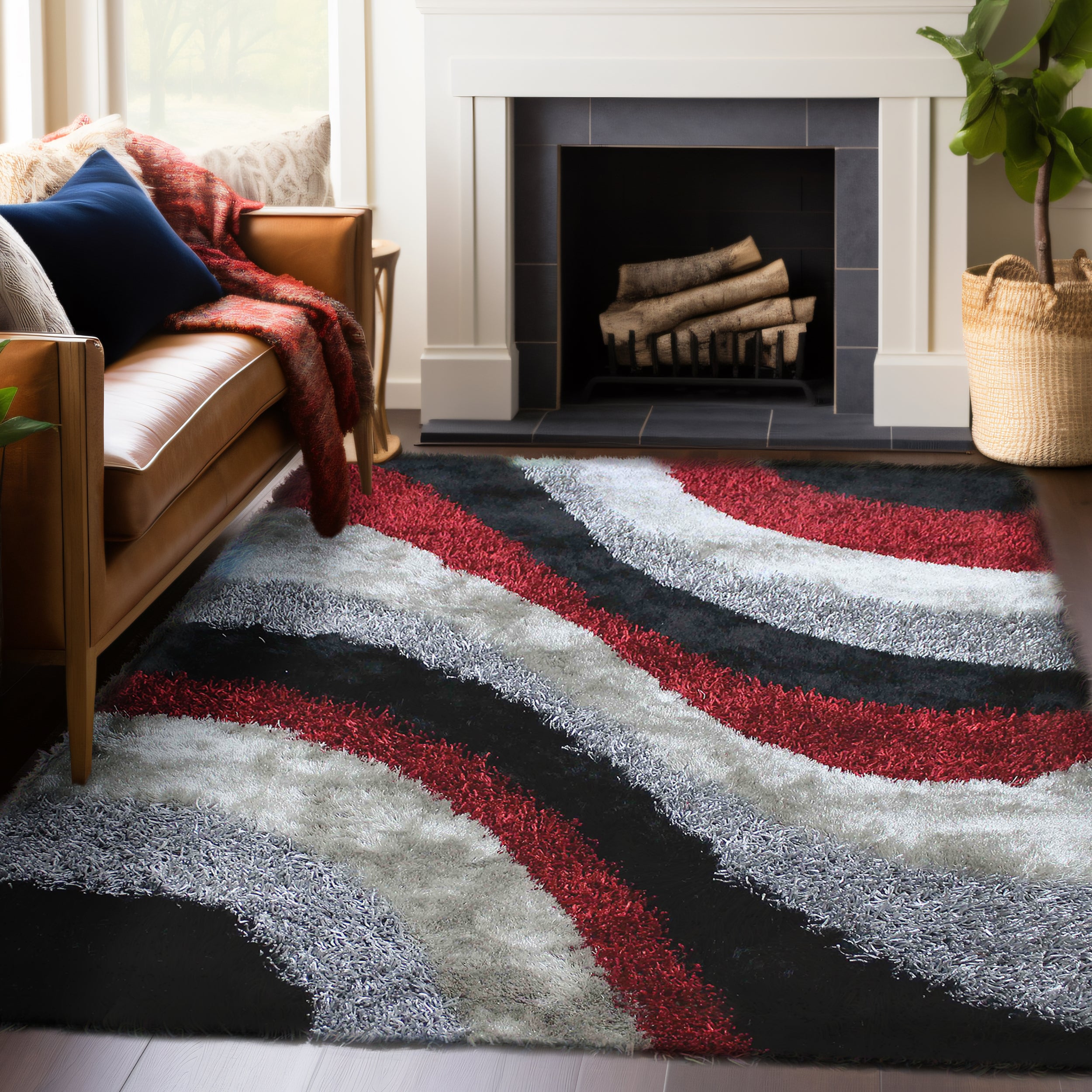 Striped Red Black And Light Gray Shag Area Rug