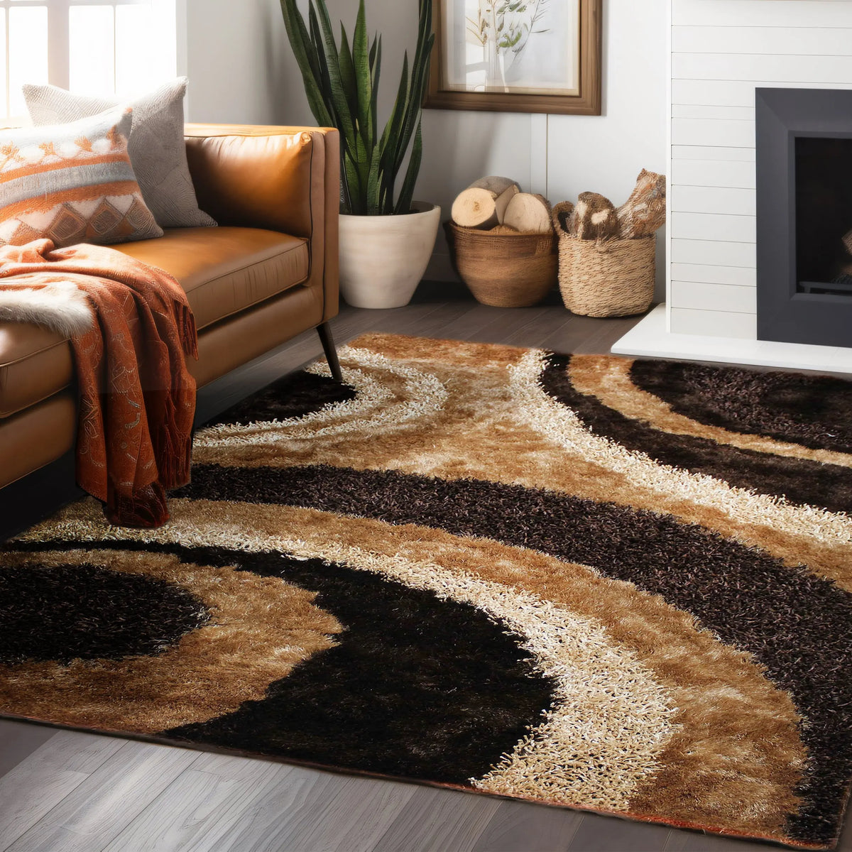 Abstract Circles Brown Shag Area Rug – LA Rug Linens