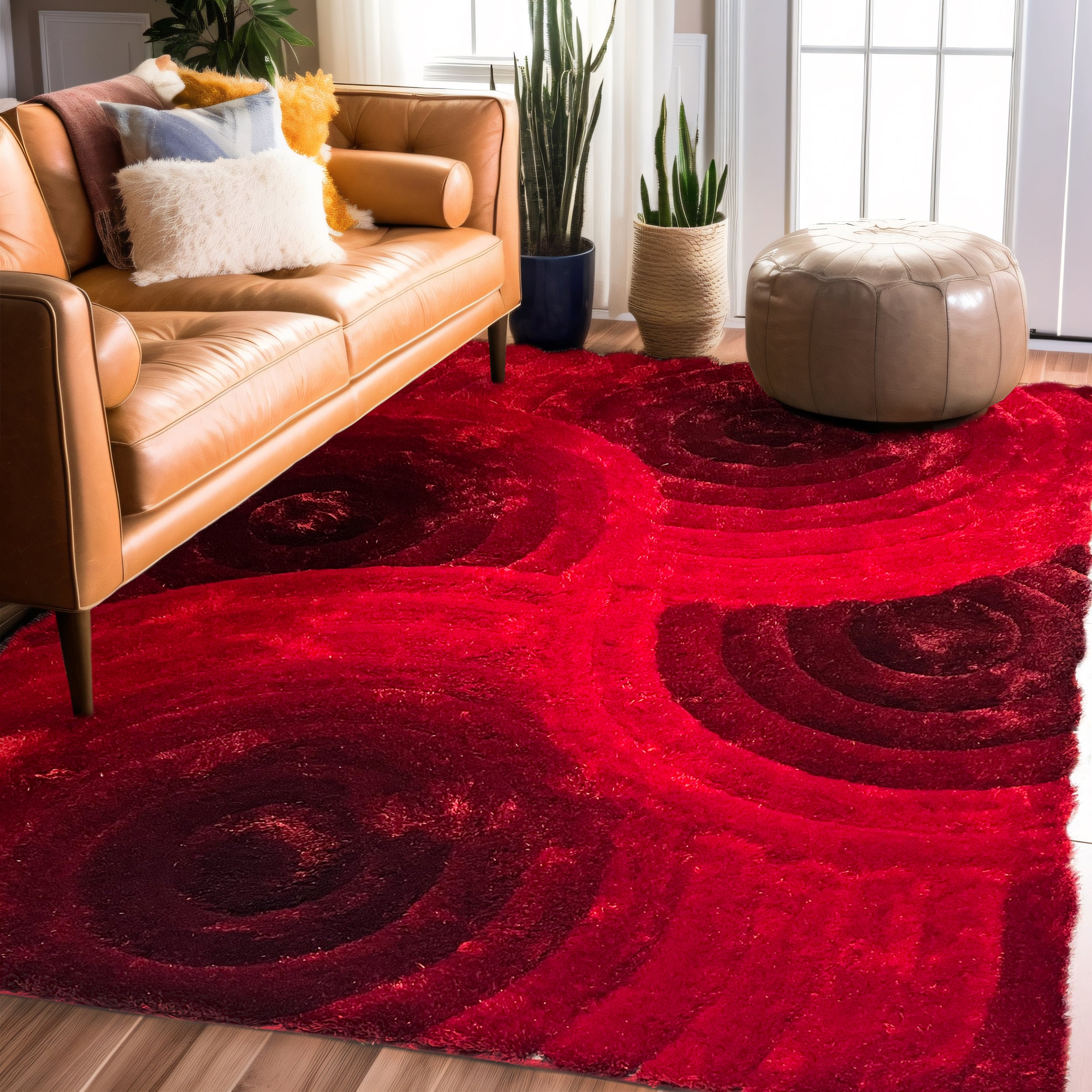3D Circles Red Shag Area Rug