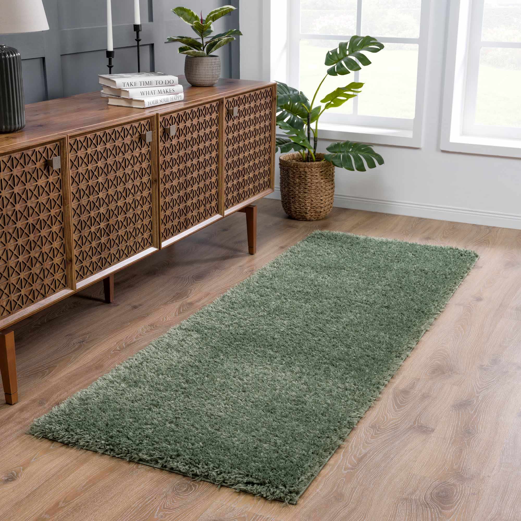 Faina Solid Green Shag Washable Area Rug - Clearance