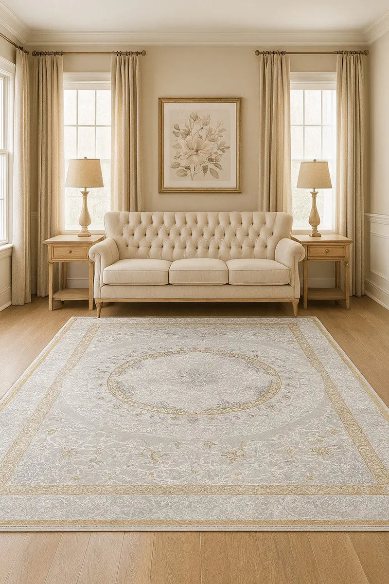 LA Rug Linens Persian Area Rug Medallion Design, Ivory Cream and Gold