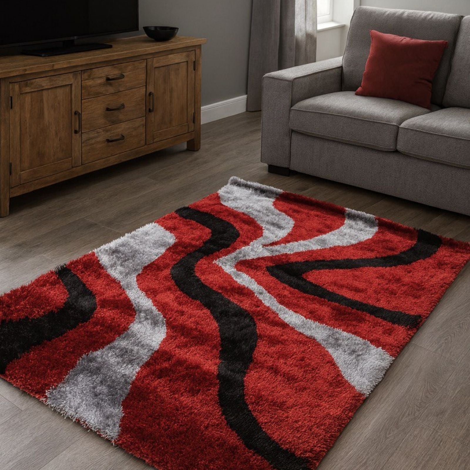 Optima Red, Gray & Black Wave Pattern Area Rug, Modern Abstract Design