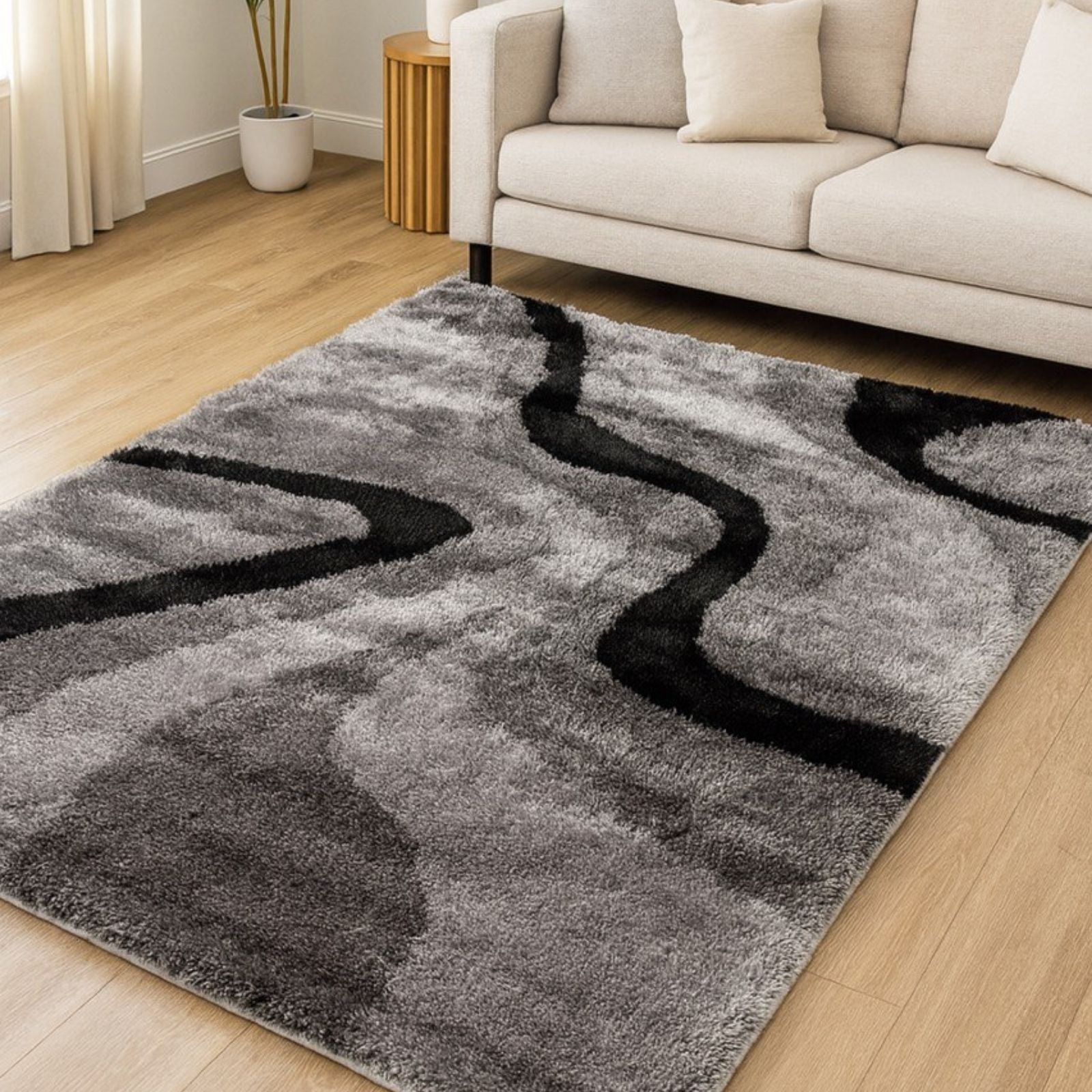 Optima Gray & Black Wave Pattern Area Rug, Modern Abstract Design