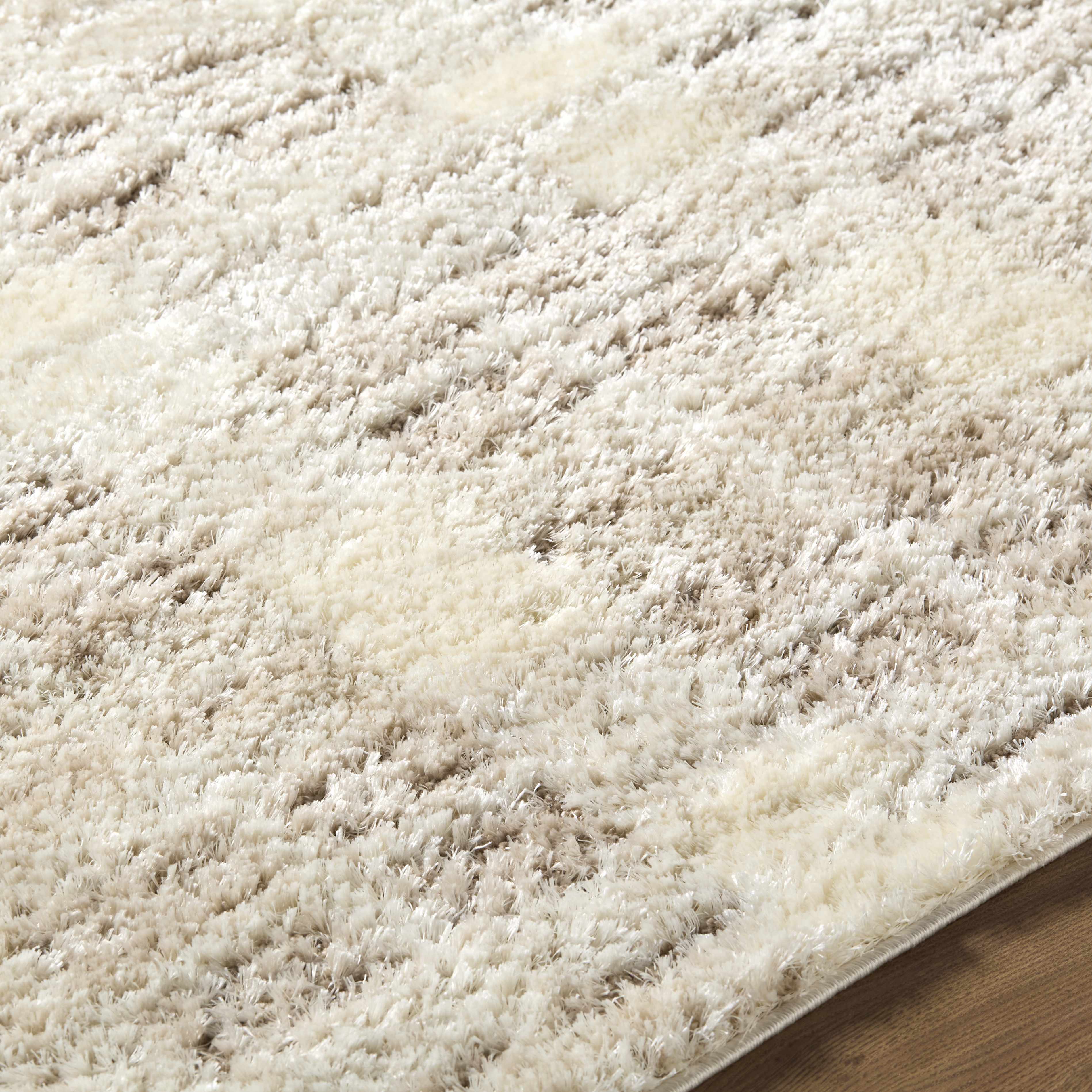 Close-up of a cream carpet on a wooden floor