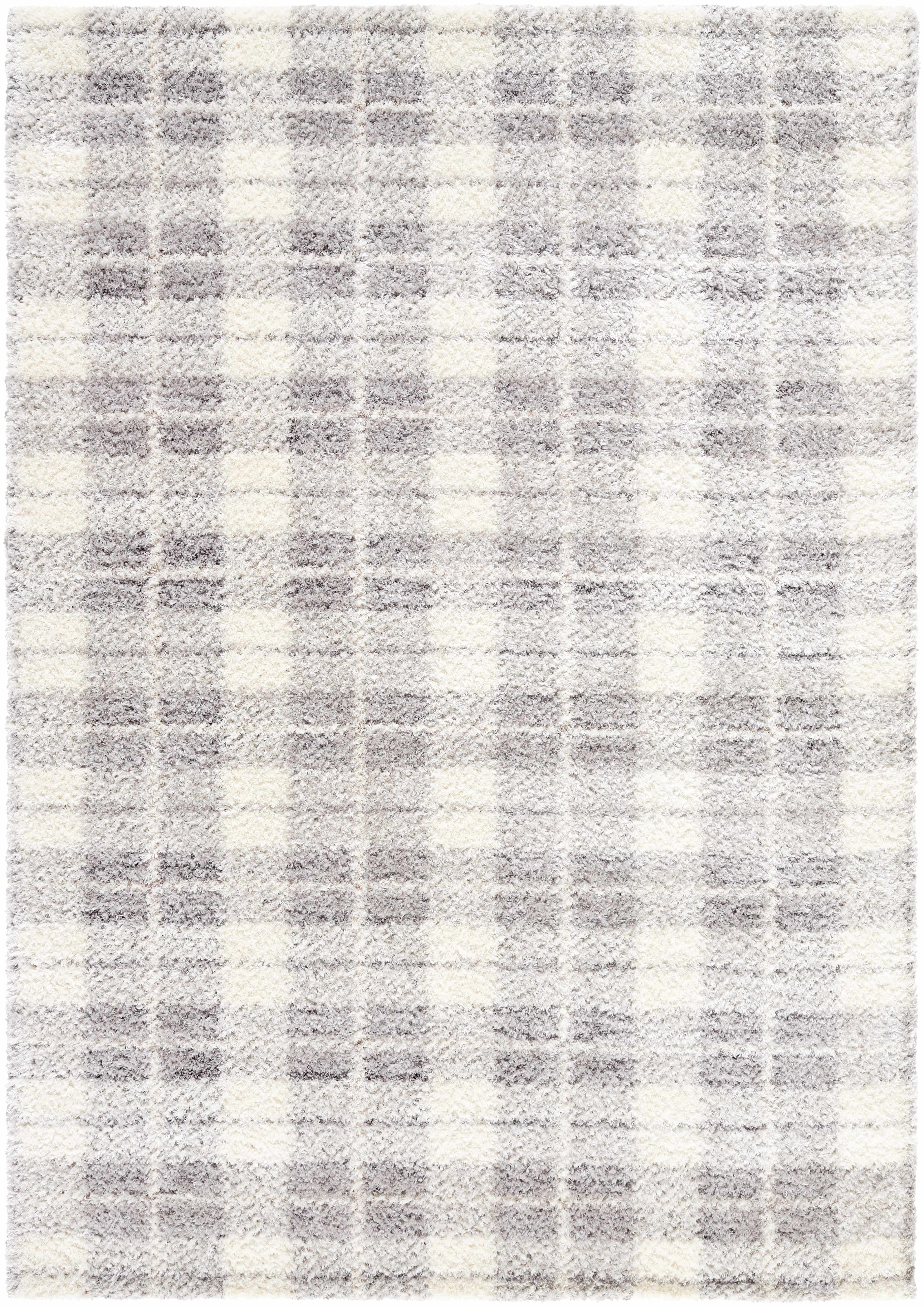 Plaid patterned rug tan color on a plain background