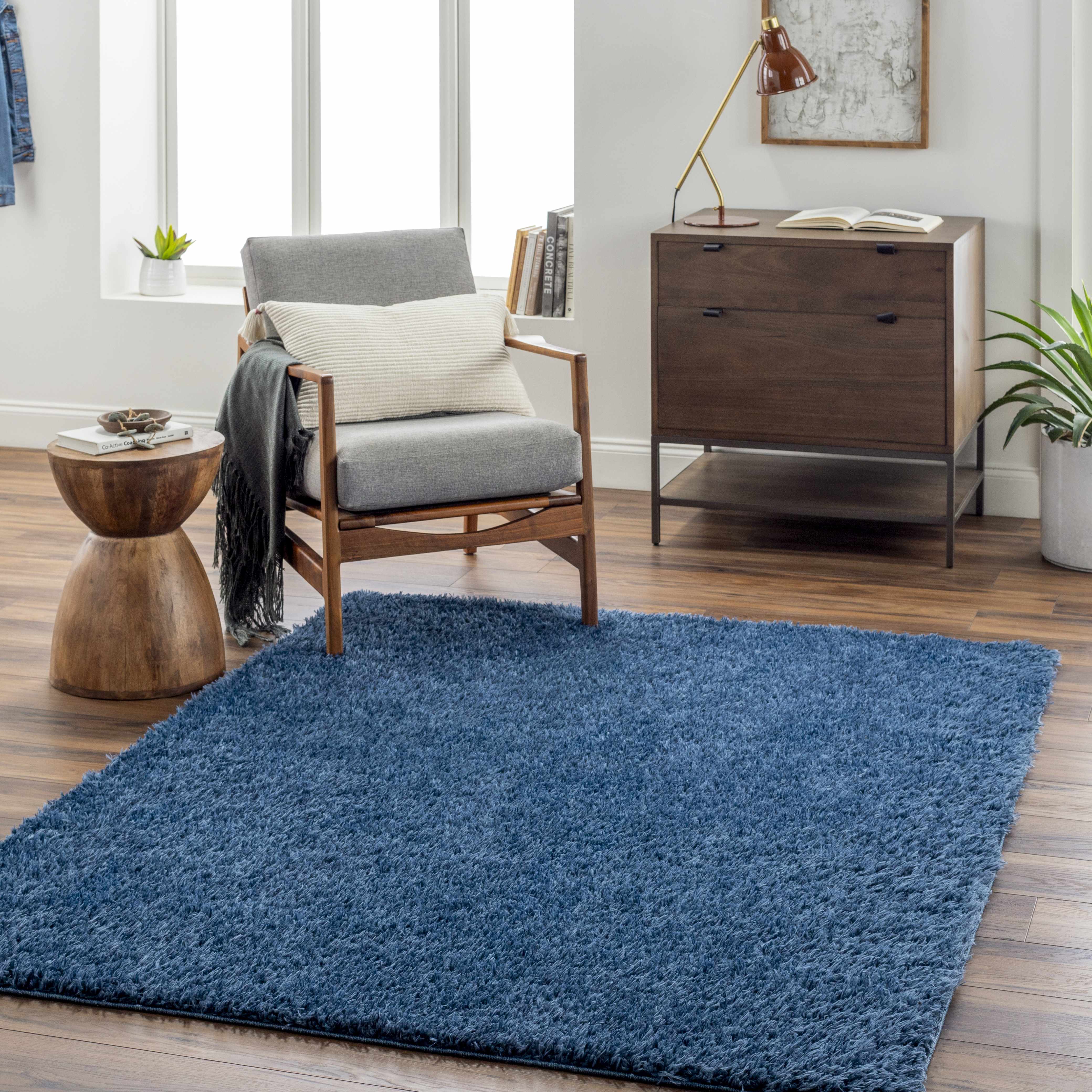 Faina Solid Dark Blue Shag Washable Area Rug - Clearance