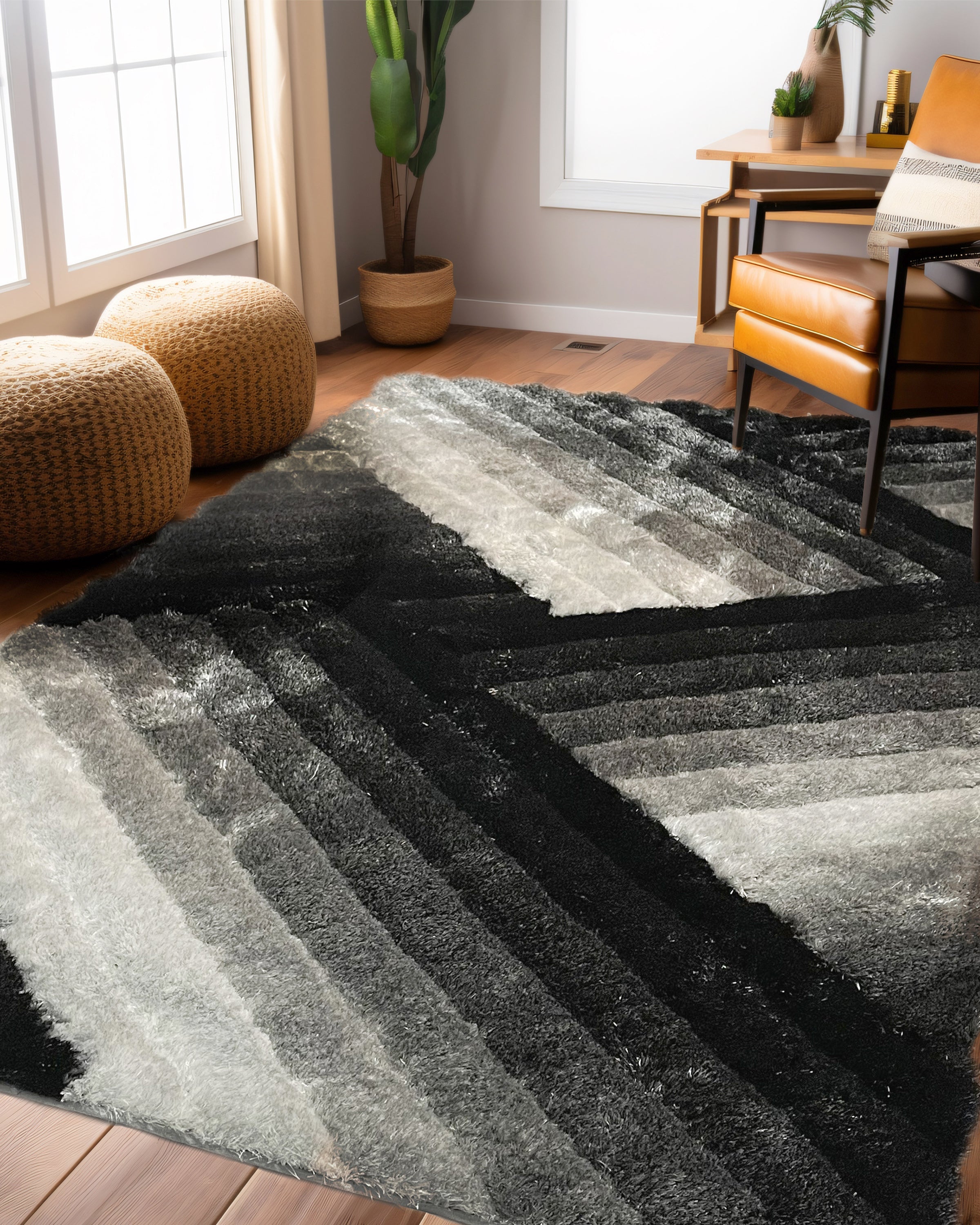 Artistic Lines Black And White Shag Area Rug