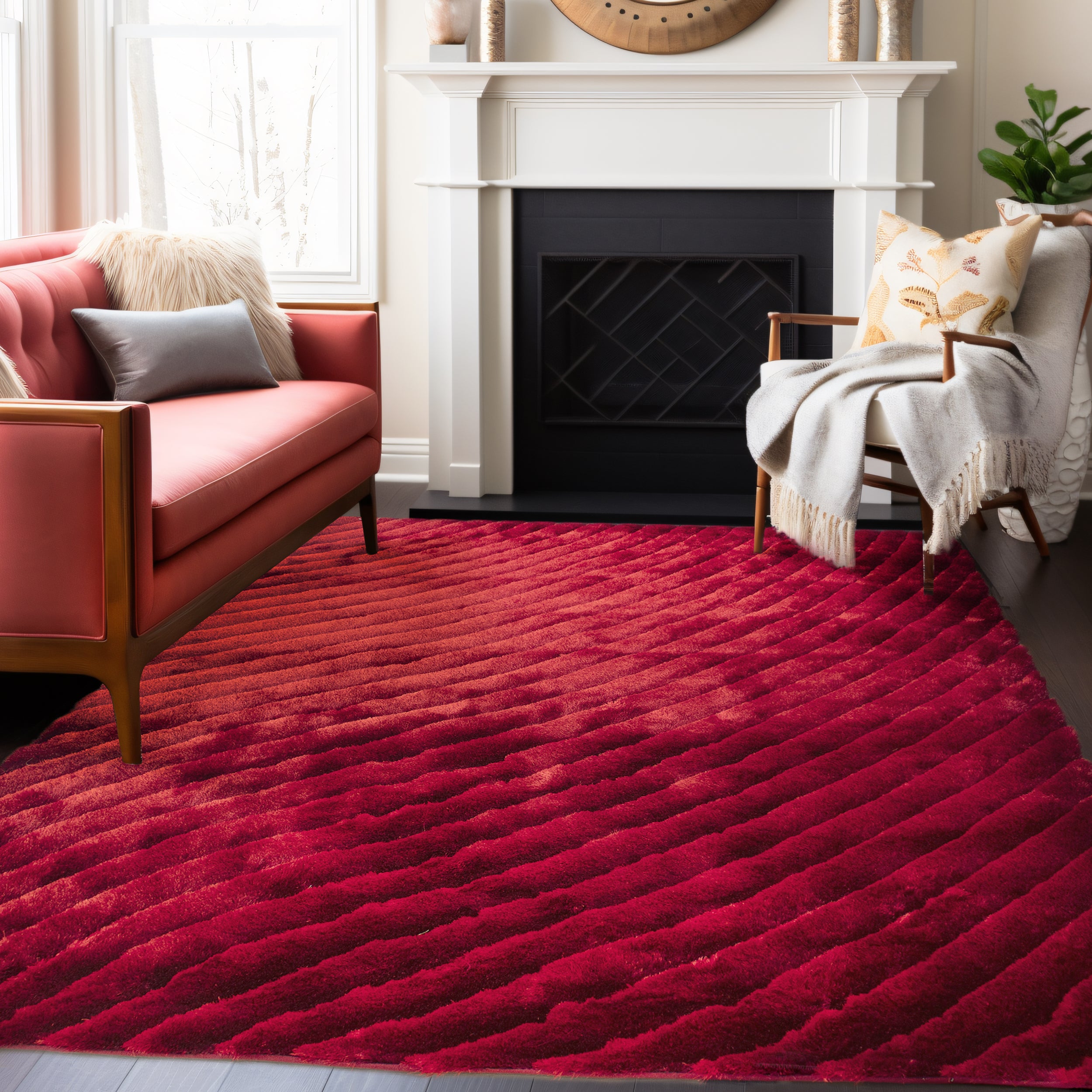 Simple Wave Dark Red And Light Red Shag Area Rug