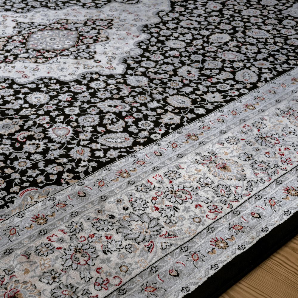 Isfahan Classic Medallion Black Traditional Persian Afghan Area Rug