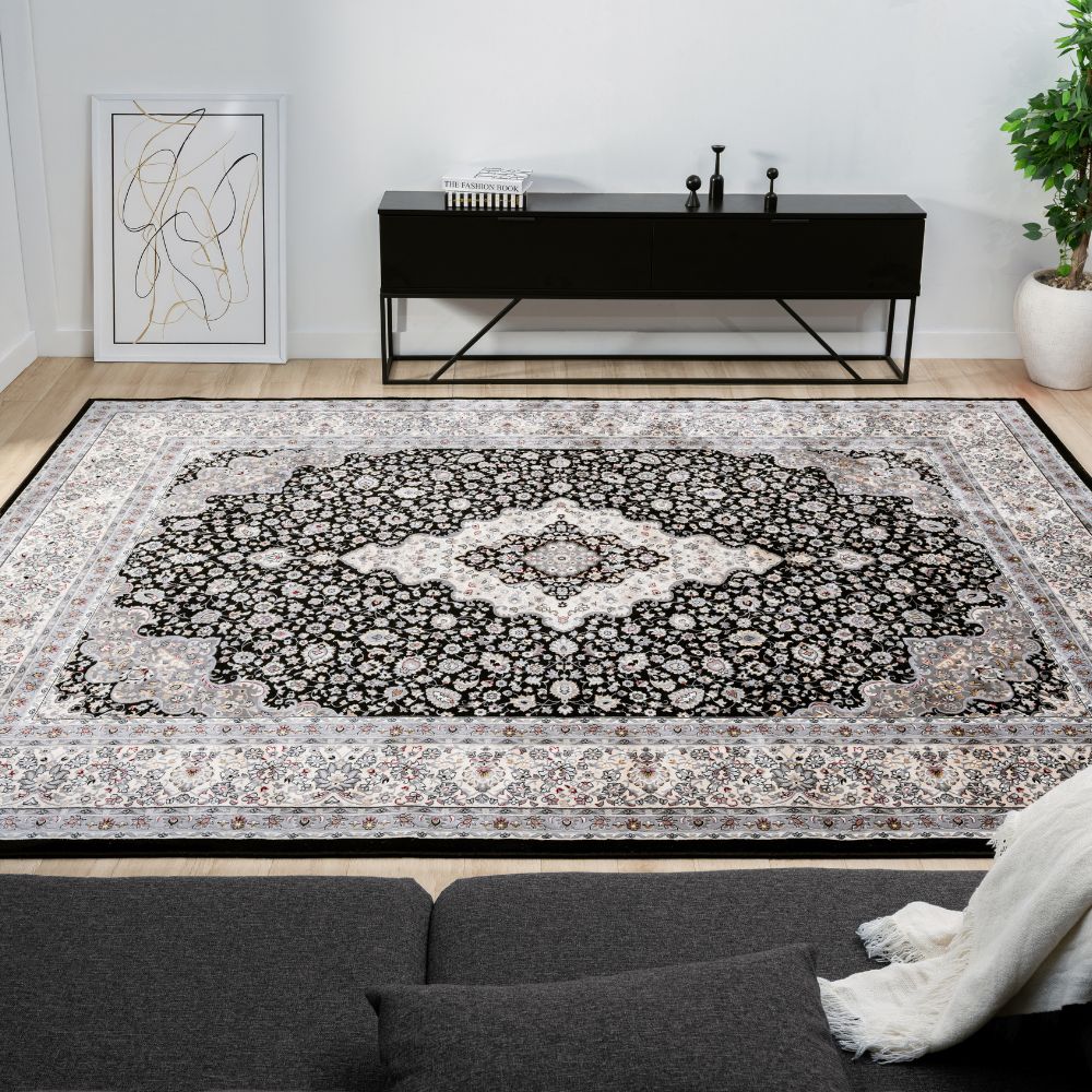 Isfahan Classic Medallion Black Traditional Persian Afghan Area Rug