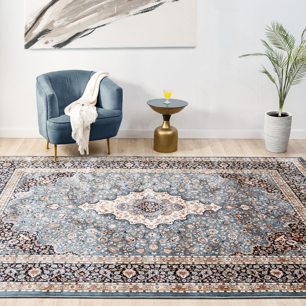 Isfahan Classic Medallion Blue Traditional Persian Afghan Area Rug