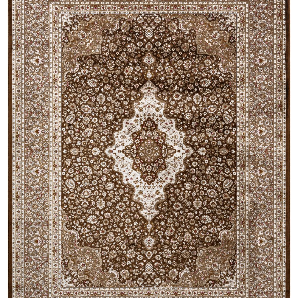 Isfahan Classic Medallion Brown Traditional Persian Afghan Area Rug, Silk Pile