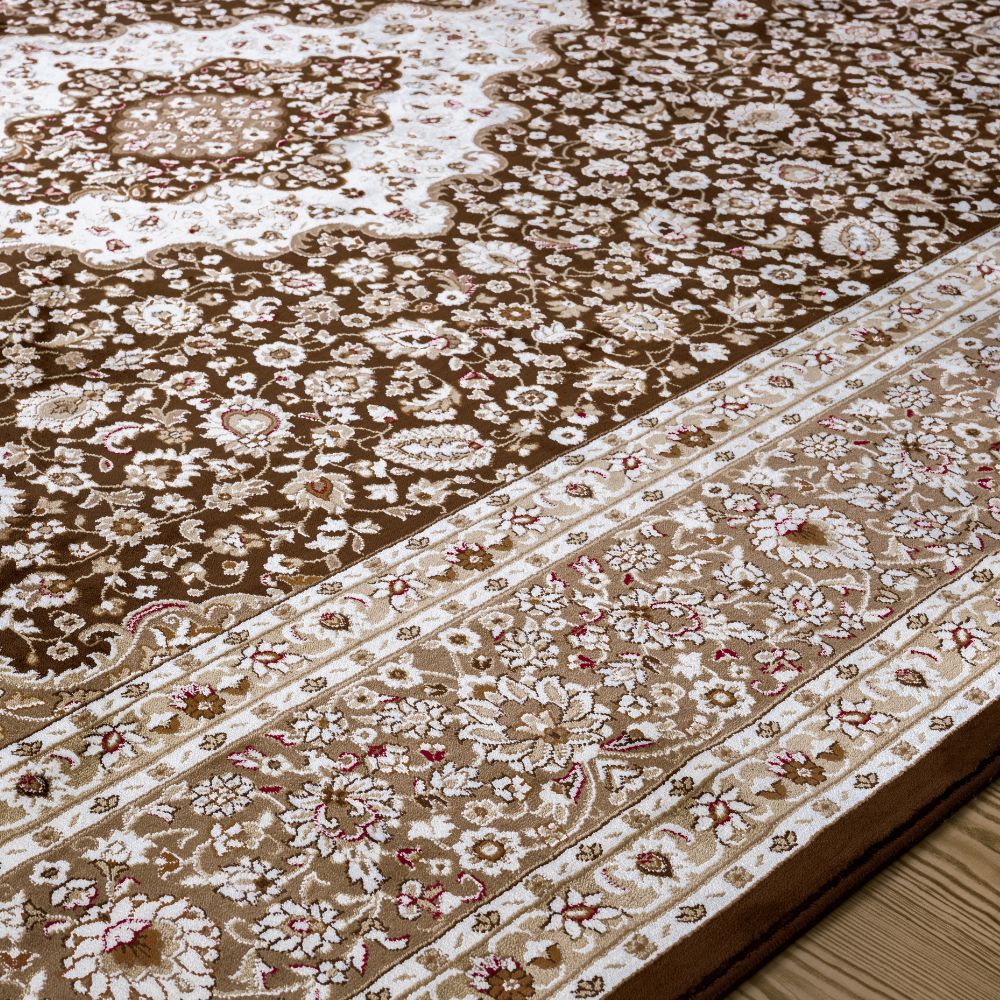 Isfahan Classic Medallion Brown Traditional Persian Afghan Area Rug, Silk Pile