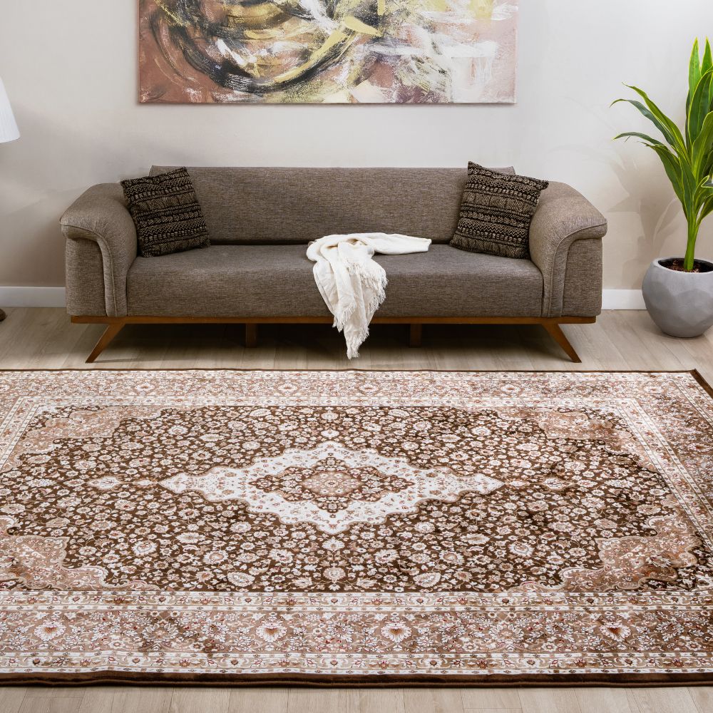 Isfahan Classic Medallion Brown Traditional Persian Afghan Area Rug, Silk Pile