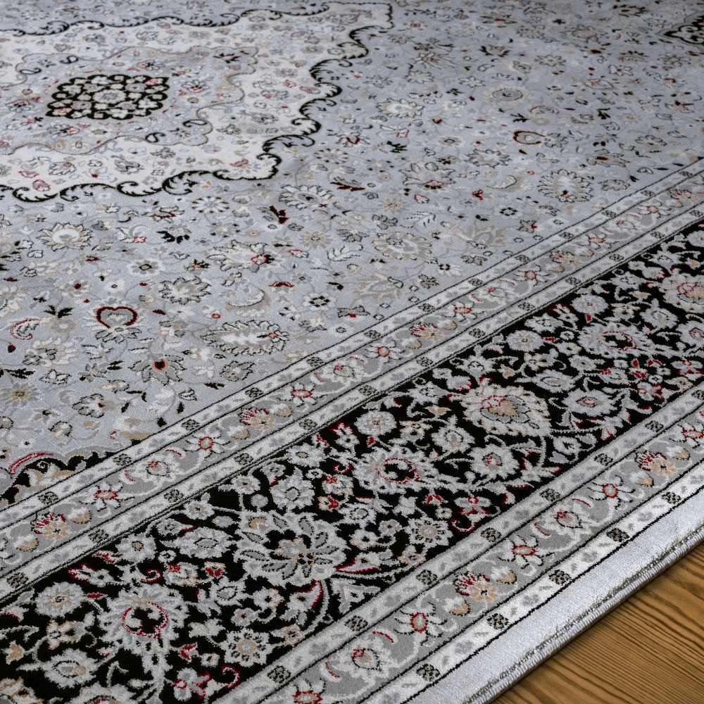 Isfahan Classic Medallion Gray Traditional Persian Afghan Area Rug, Silk Pile