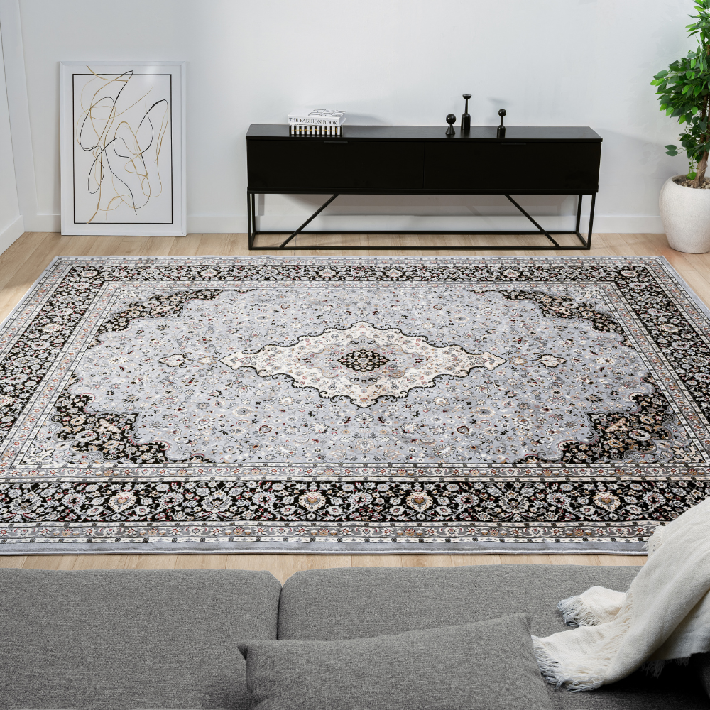 Isfahan Classic Medallion Gray Traditional Persian Afghan Area Rug, Silk Pile