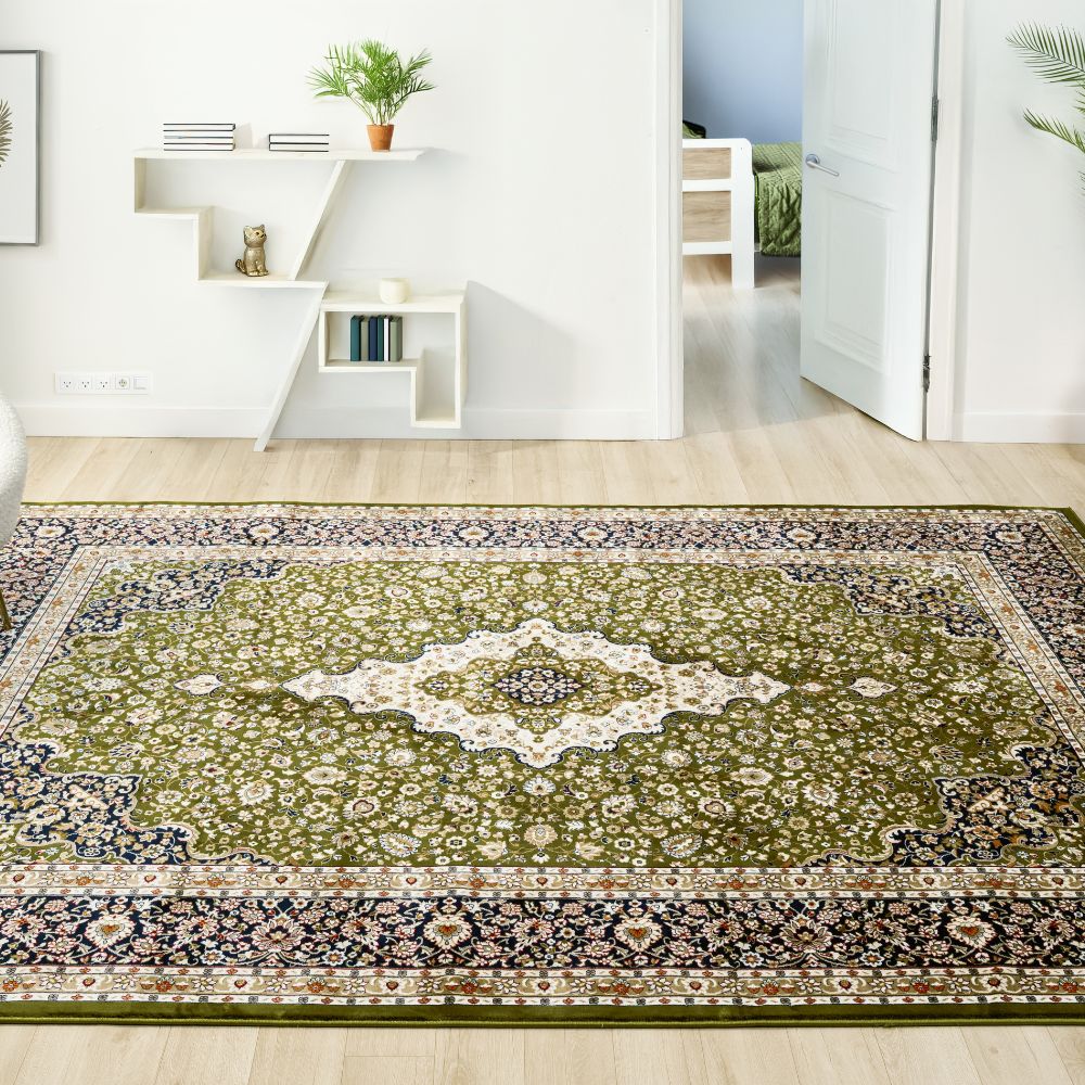 Isfahan Classic Medallion Green Traditional Persian Afghan Area Rug, Silk Pile