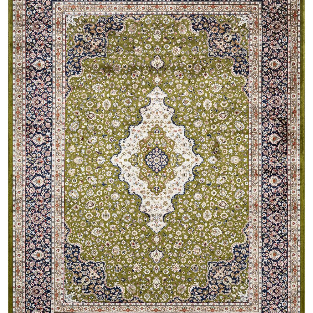 Isfahan Classic Medallion Green Traditional Persian Afghan Area Rug, Silk Pile
