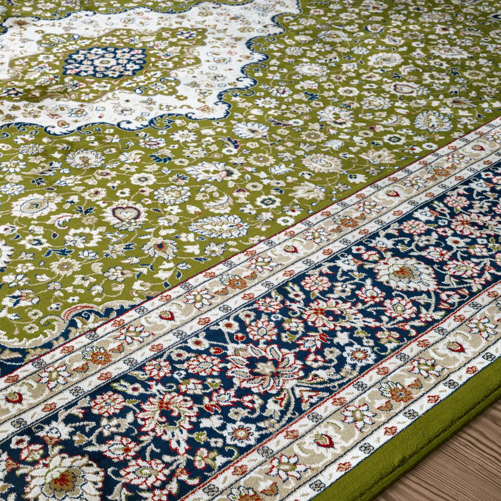 Isfahan Classic Medallion Green Traditional Persian Afghan Area Rug, Silk Pile