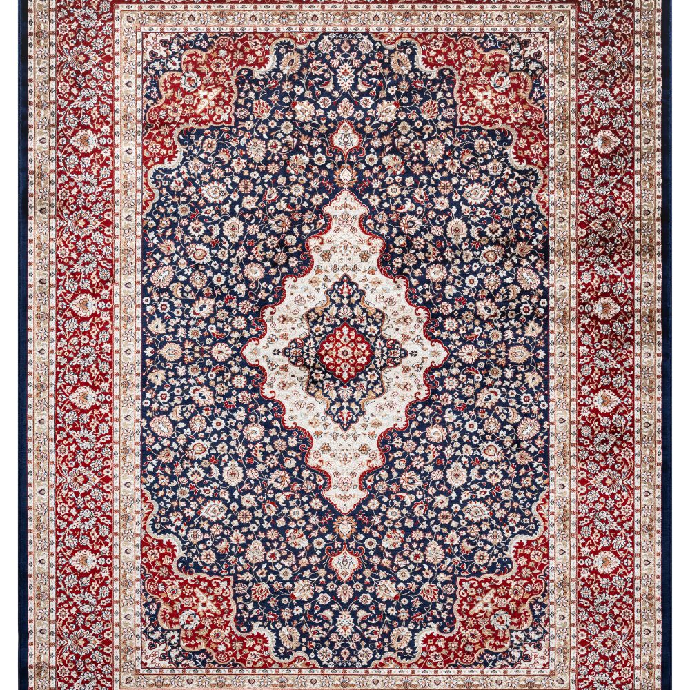 Isfahan Classic Medallion Navy Blue Traditional Persian Afghan Area Rug, Silk Pile
