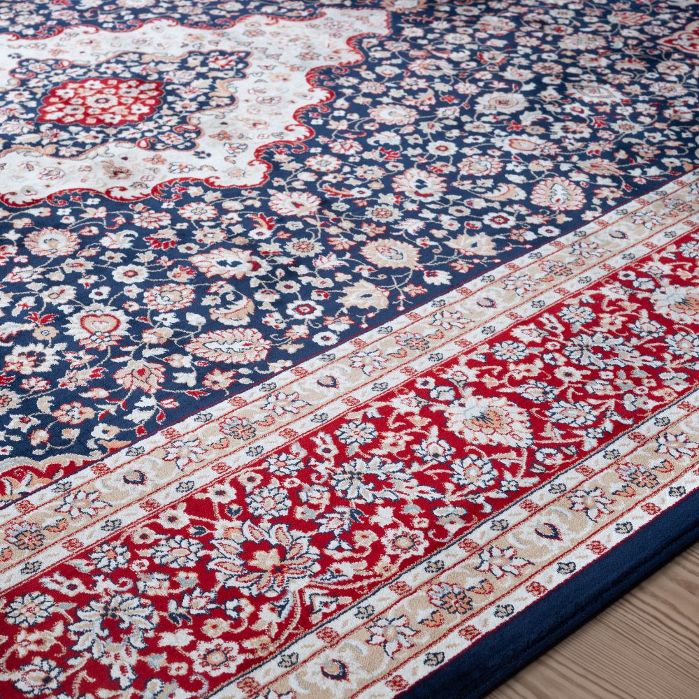 Isfahan Classic Medallion Navy Blue Traditional Persian Afghan Area Rug, Silk Pile