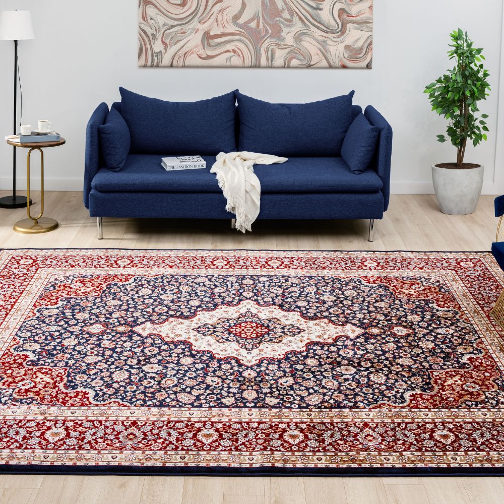 Isfahan Classic Medallion Navy Blue Traditional Persian Afghan Area Rug, Silk Pile
