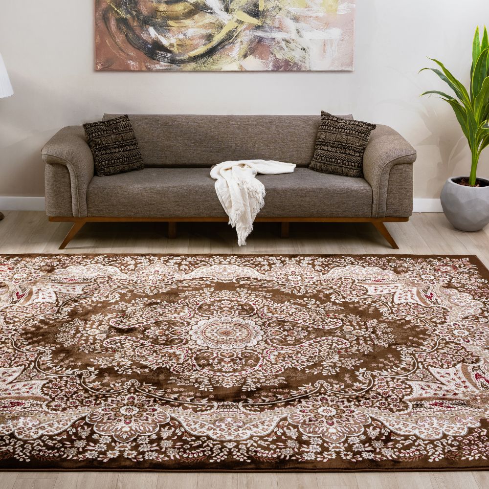 Isfahan Floral Medallion Brown, Afghan Area Rug, Silk Pile