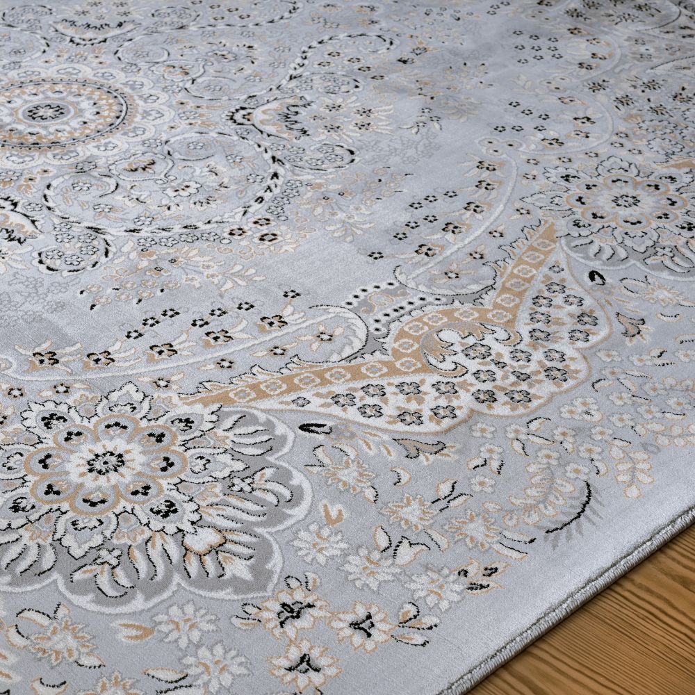 Isfahan Floral Medallion Gray, Afghan Area Rug, Silk Pile