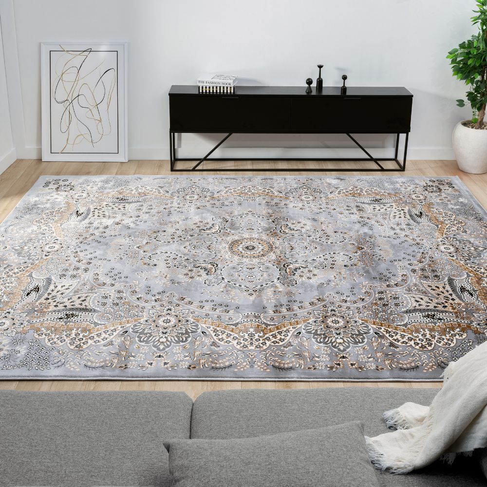 Isfahan Floral Medallion Gray, Afghan Area Rug, Silk Pile