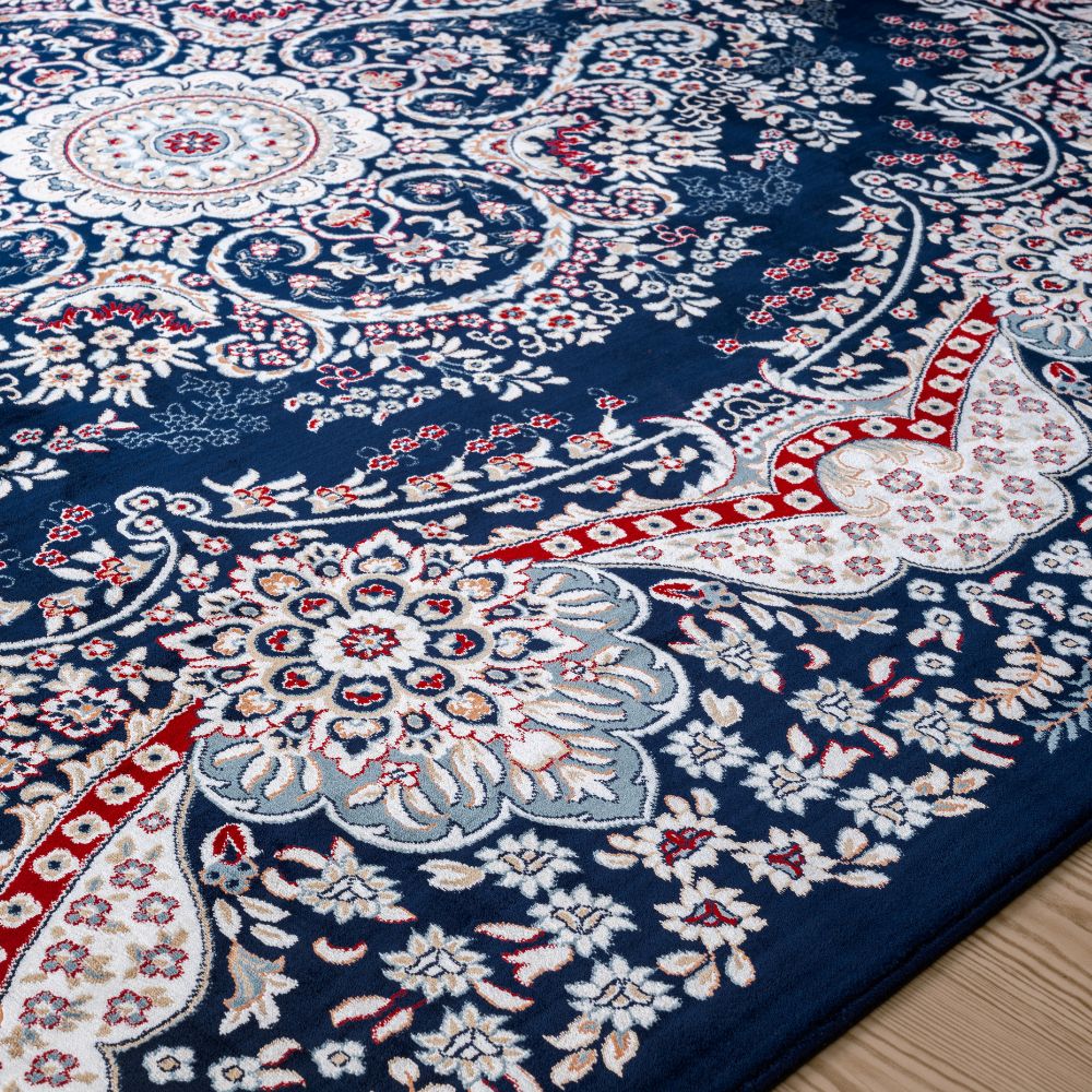 Isfahan Floral Medallion Navy, Afghan Area Rug, Silk Pile