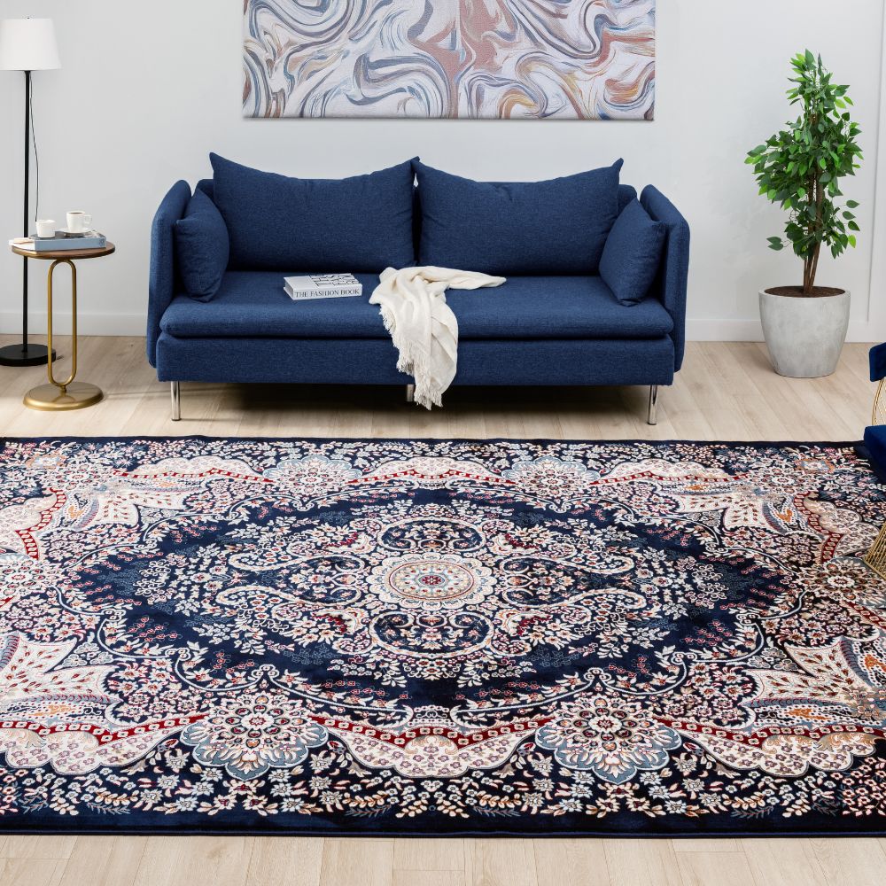 Isfahan Floral Medallion Navy, Afghan Area Rug, Silk Pile