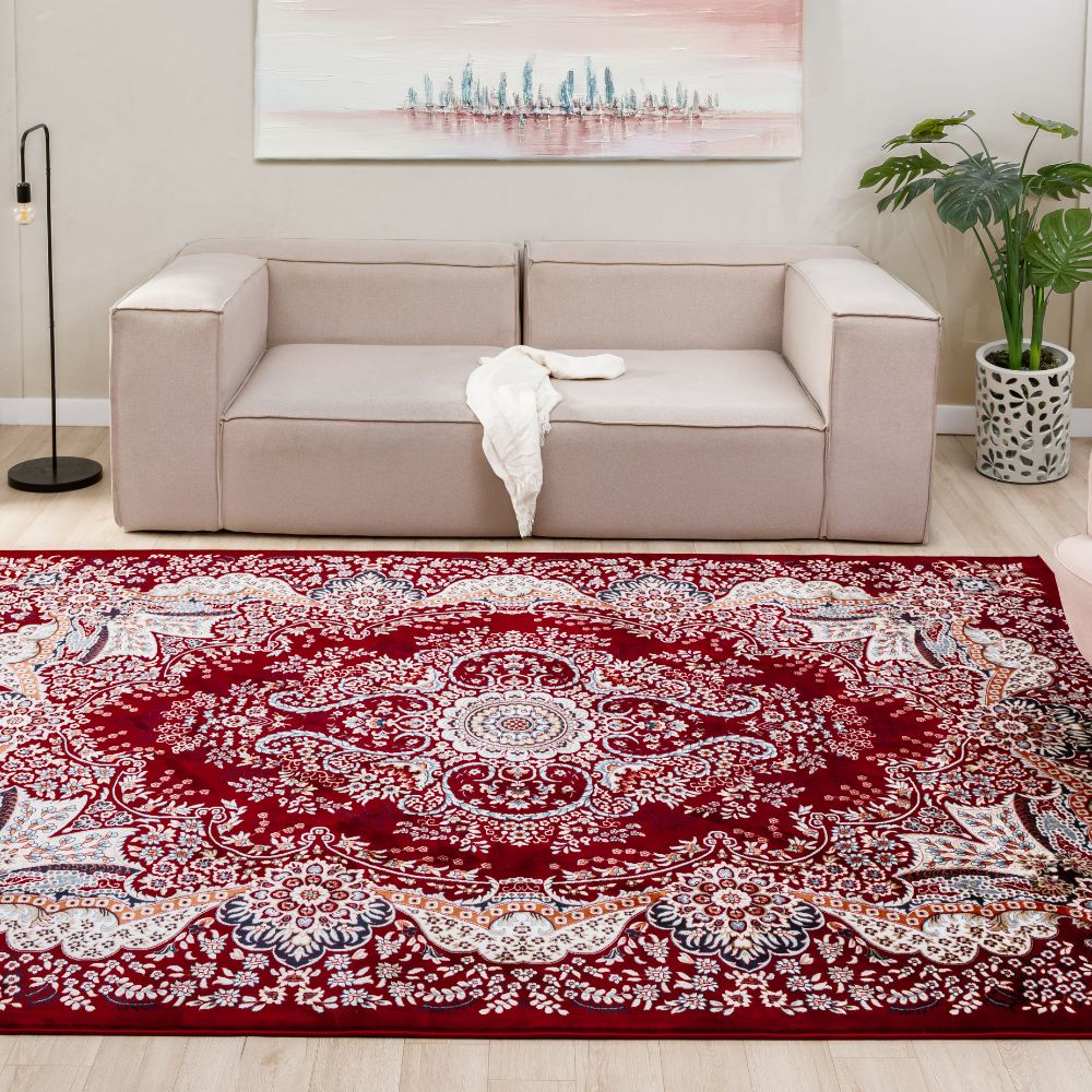 Isfahan Floral Medallion Red, Afghan Area Rug, Silk Pile
