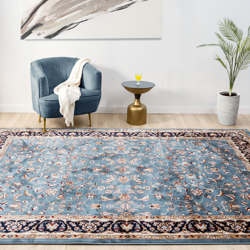 Isfahan Floral Vine Medallion Blue, Persian Afghan Silk Pile Area Rug