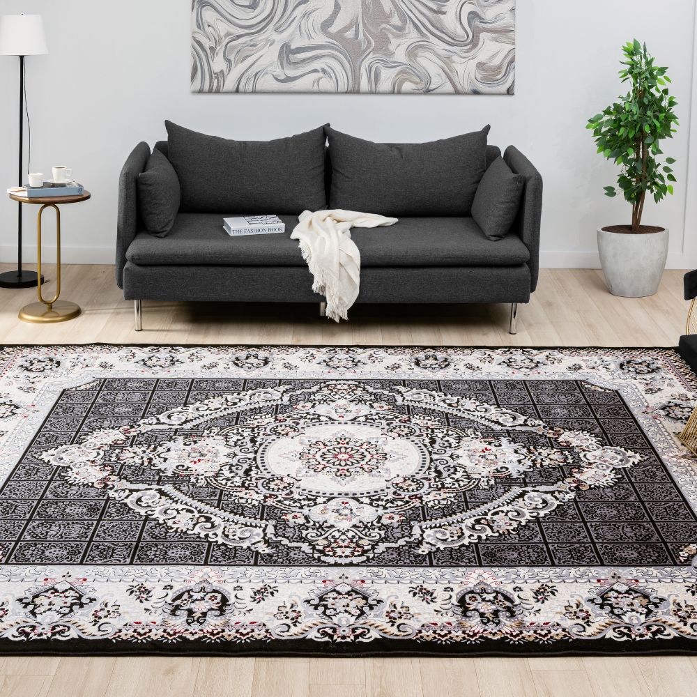 Isfahan Grand Legacy Medallion Black, Persian Afghan Silk Pile Area Rug