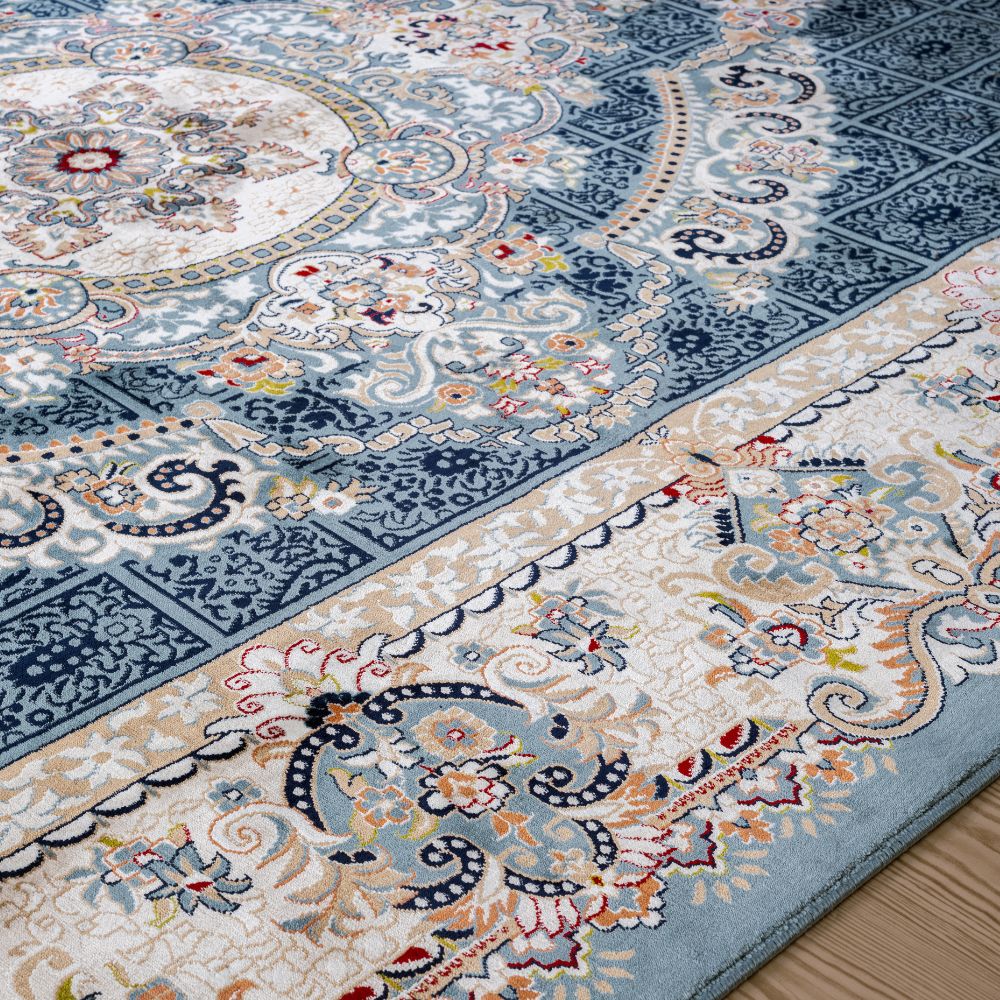 Isfahan Grand Legacy Medallion Blue, Persian Afghan Silk Pile Area Rug