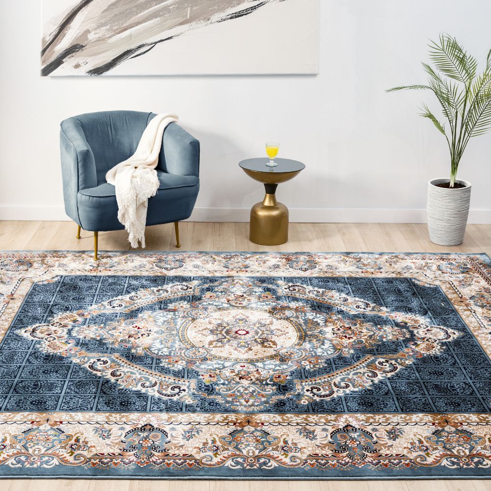 Isfahan Grand Legacy Medallion Blue, Persian Afghan Silk Pile Area Rug
