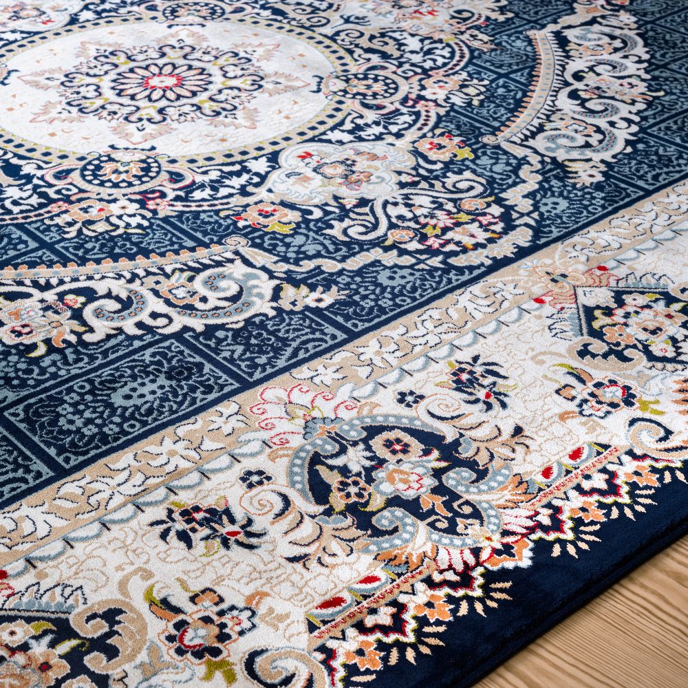 Isfahan Grand Legacy Medallion Navy, Persian Afghan Silk Pile Area Rug