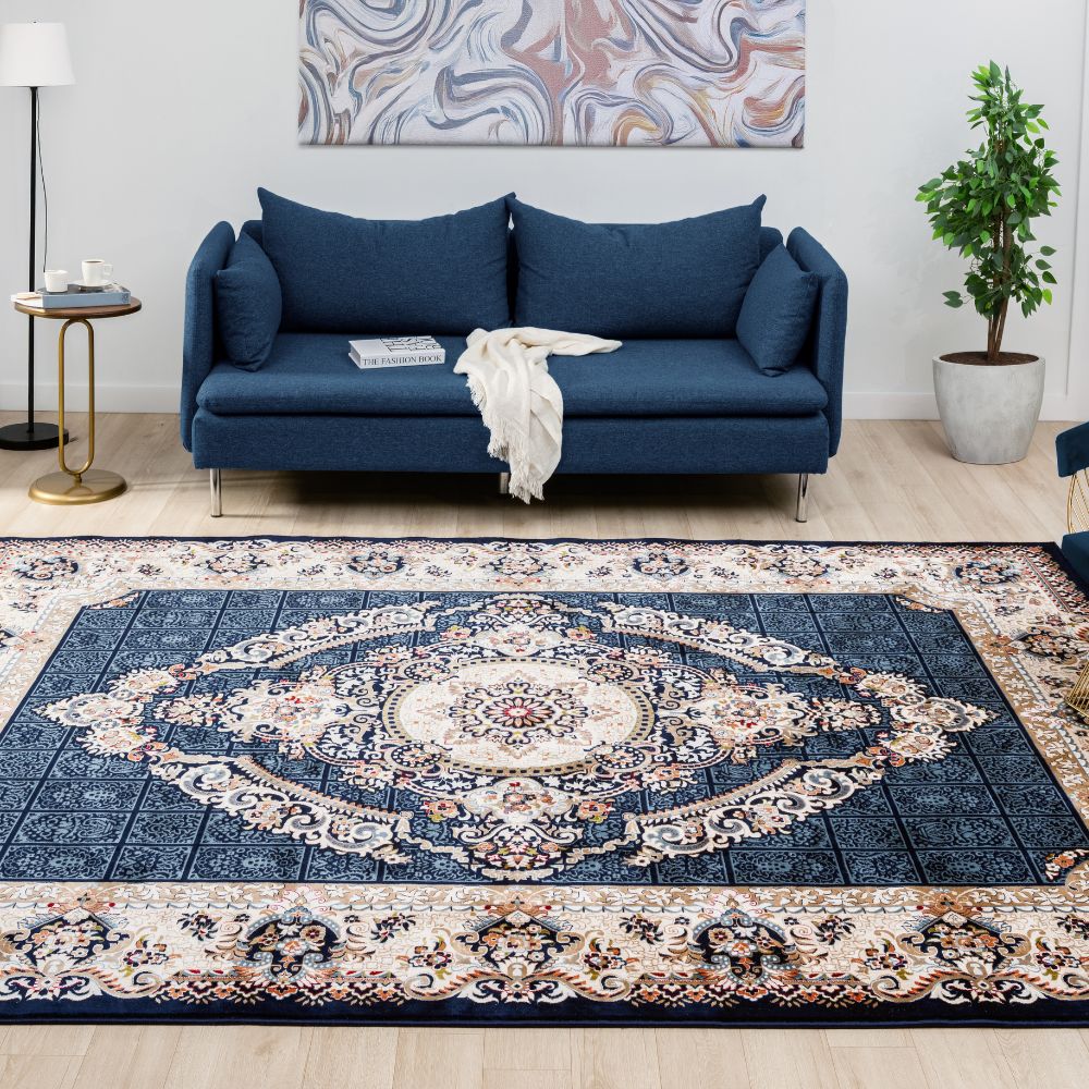 Isfahan Grand Legacy Medallion Navy, Persian Afghan Silk Pile Area Rug