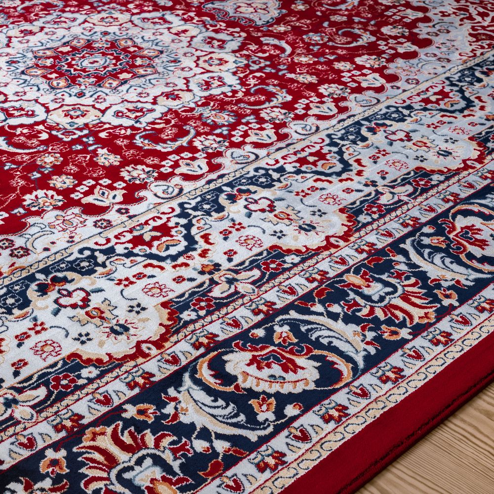 Isfahan Heritage Blossom Medallion Red, Persian Afghan Silk Pile Area Rug