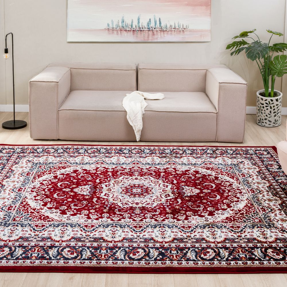 Isfahan Heritage Blossom Medallion Red, Persian Afghan Silk Pile Area Rug