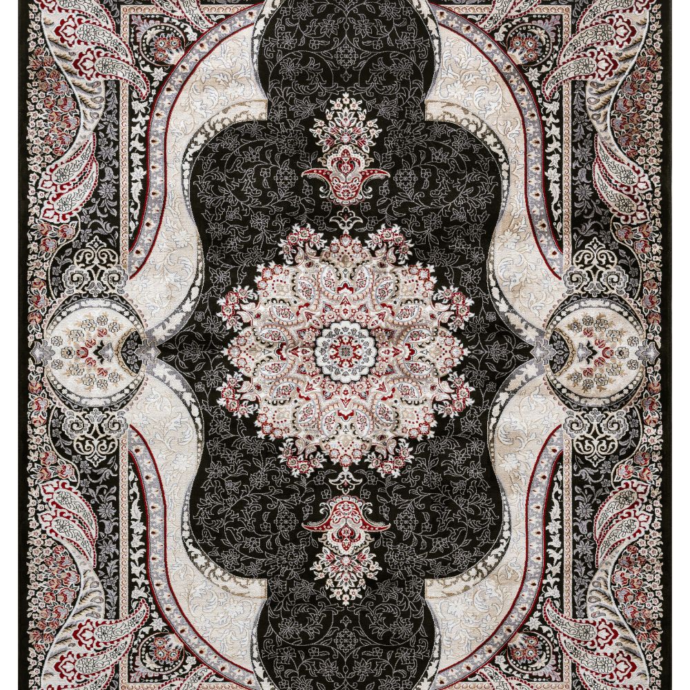 Isfahan Royal Arch Medallion Black Traditional Persian Afghan Area Rug, Silk Pile