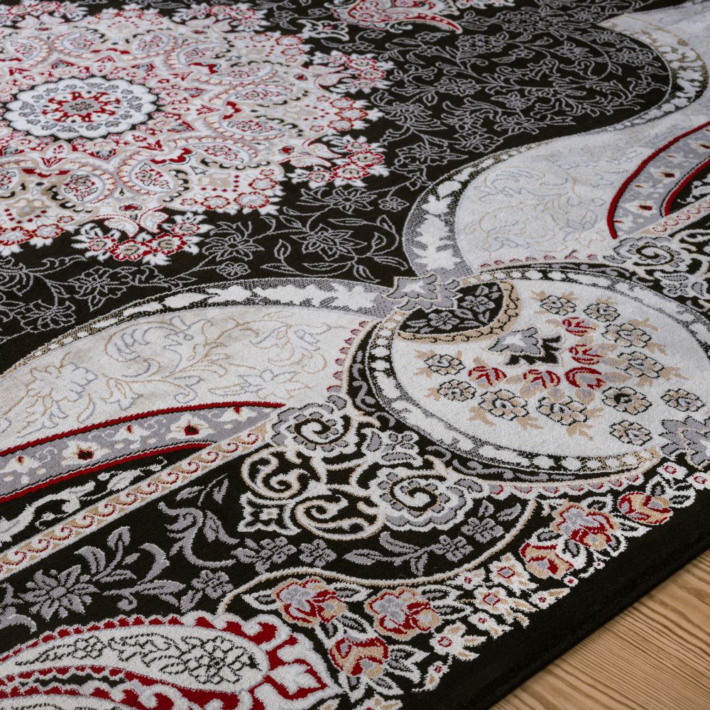Isfahan Royal Arch Medallion Black Traditional Persian Afghan Area Rug, Silk Pile