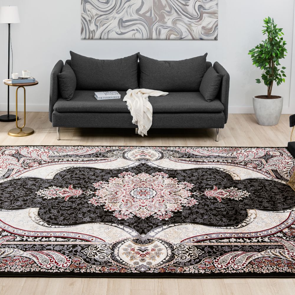 Isfahan Royal Arch Medallion Black Traditional Persian Afghan Area Rug, Silk Pile