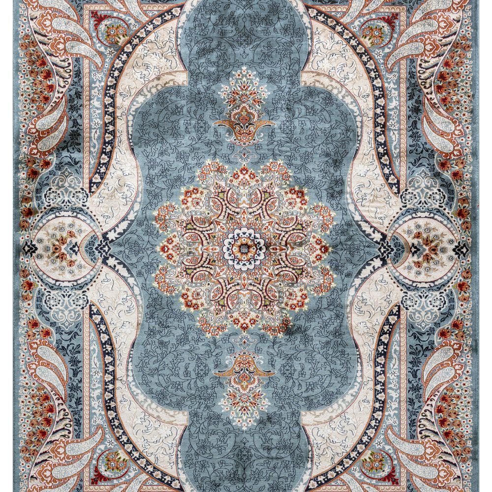 Isfahan Royal Arch Medallion Blue Traditional Persian Afghan Area Rug, Silk Pile