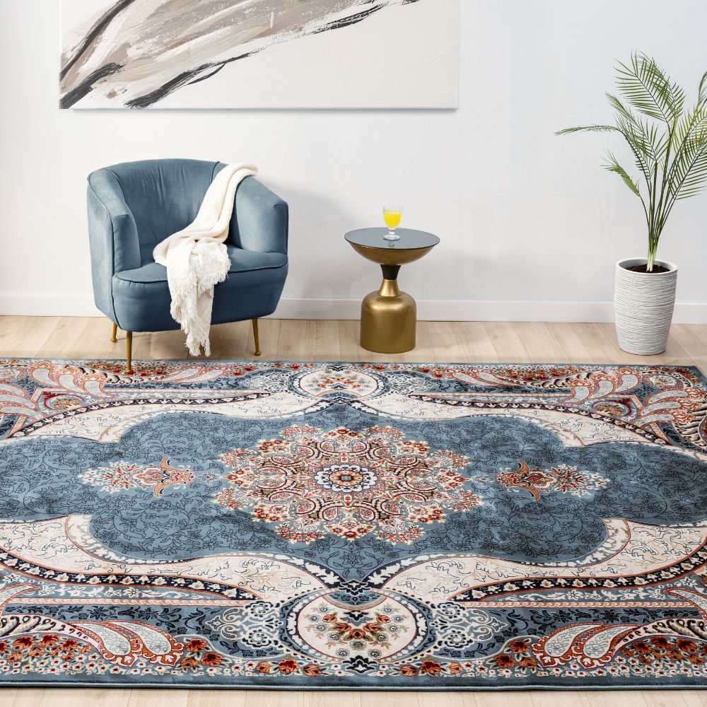 Isfahan Royal Arch Medallion Blue Traditional Persian Afghan Area Rug, Silk Pile