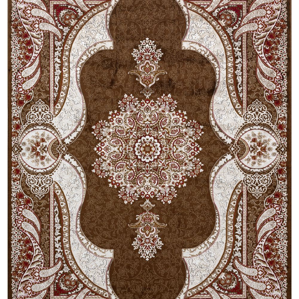 Isfahan Royal Arch Medallion Brown Traditional Persian Afghan Area Rug, Silk Pile