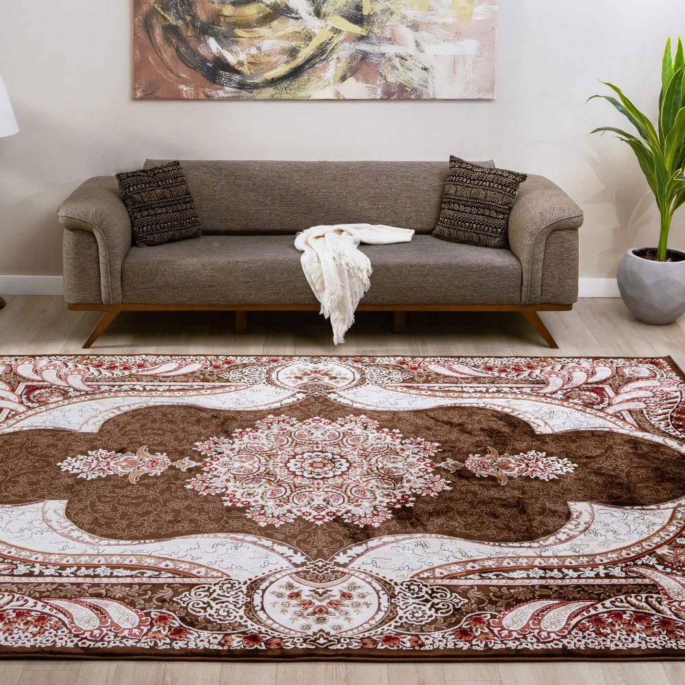 Isfahan Royal Arch Medallion Brown Traditional Persian Afghan Area Rug, Silk Pile