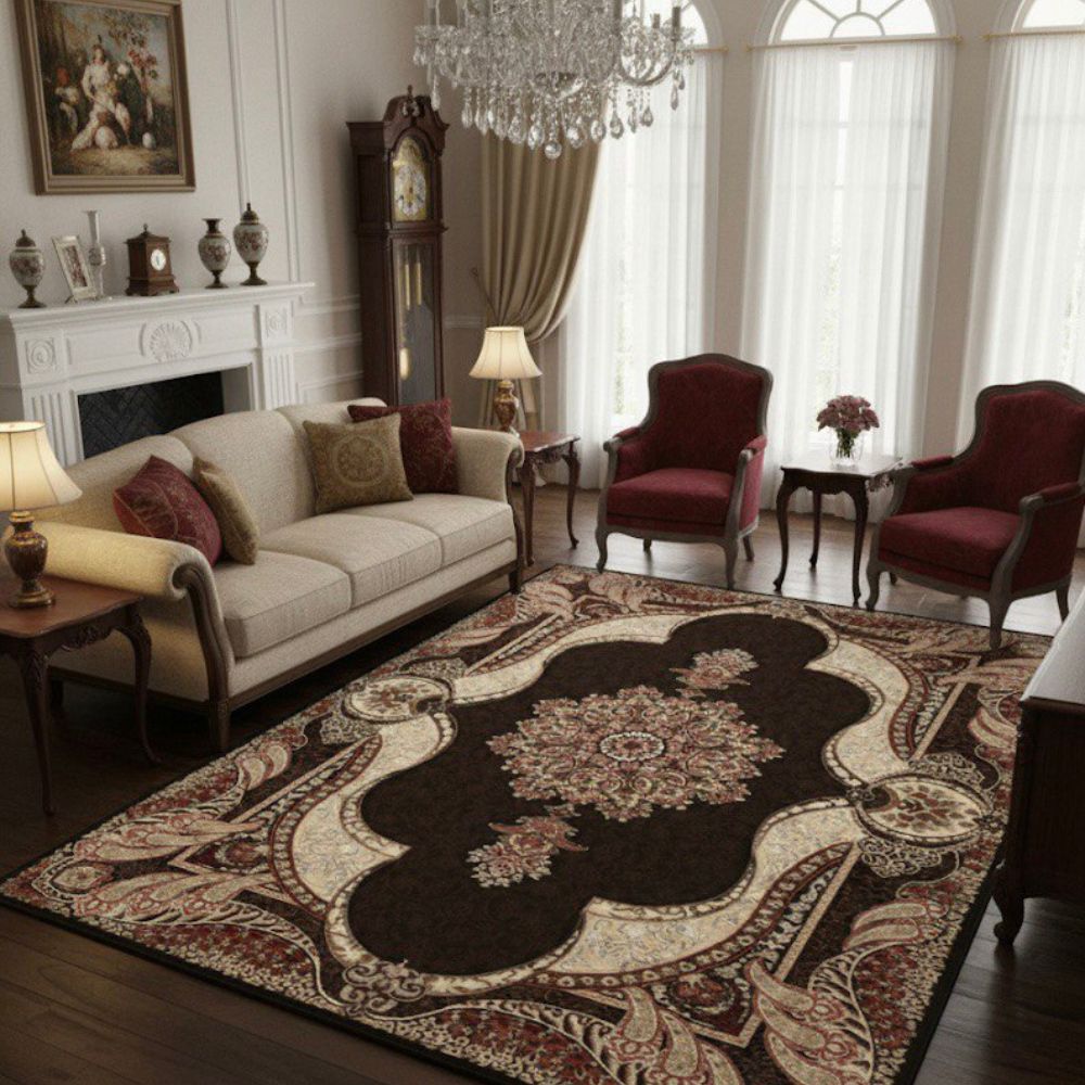Isfahan Royal Arch Medallion Brown Traditional Persian Afghan Area Rug, Silk Pile