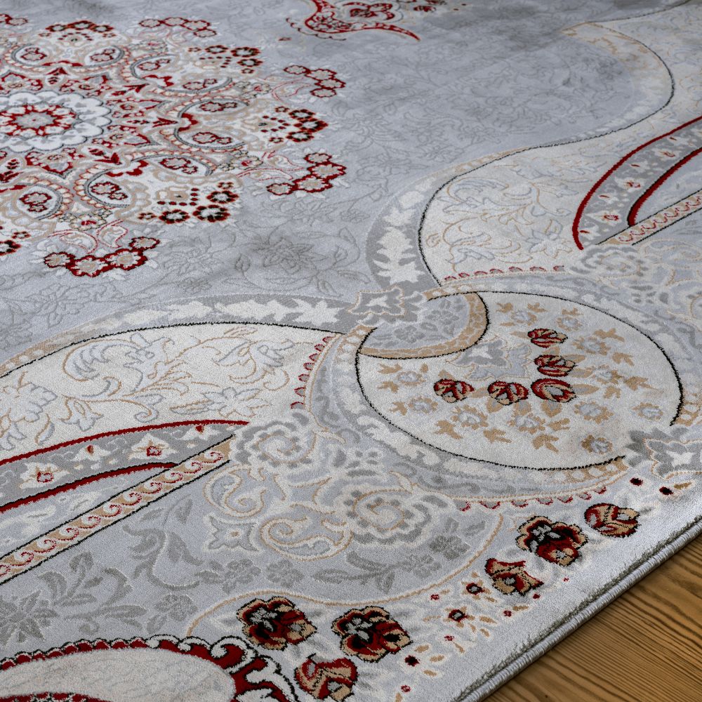Isfahan Royal Arch Medallion Gray Traditional Persian Afghan Area Rug, Silk Pile
