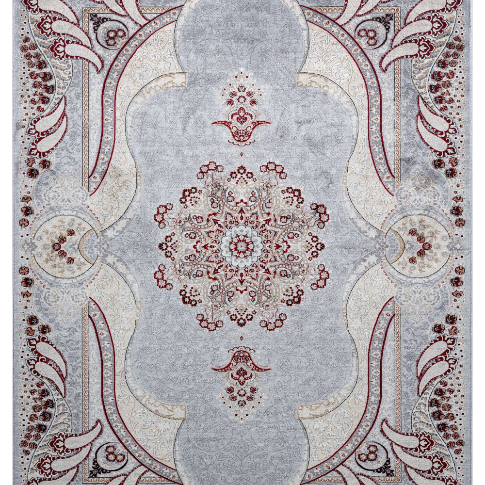 Isfahan Royal Arch Medallion Gray Traditional Persian Afghan Area Rug, Silk Pile